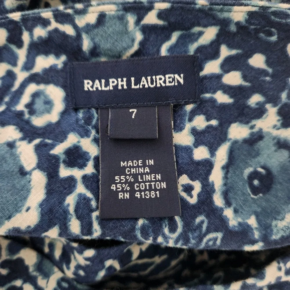 90s 00s Ralph Lauren Girls Blue White Floral Linen Blend Wrap Ruffle Skirt 7